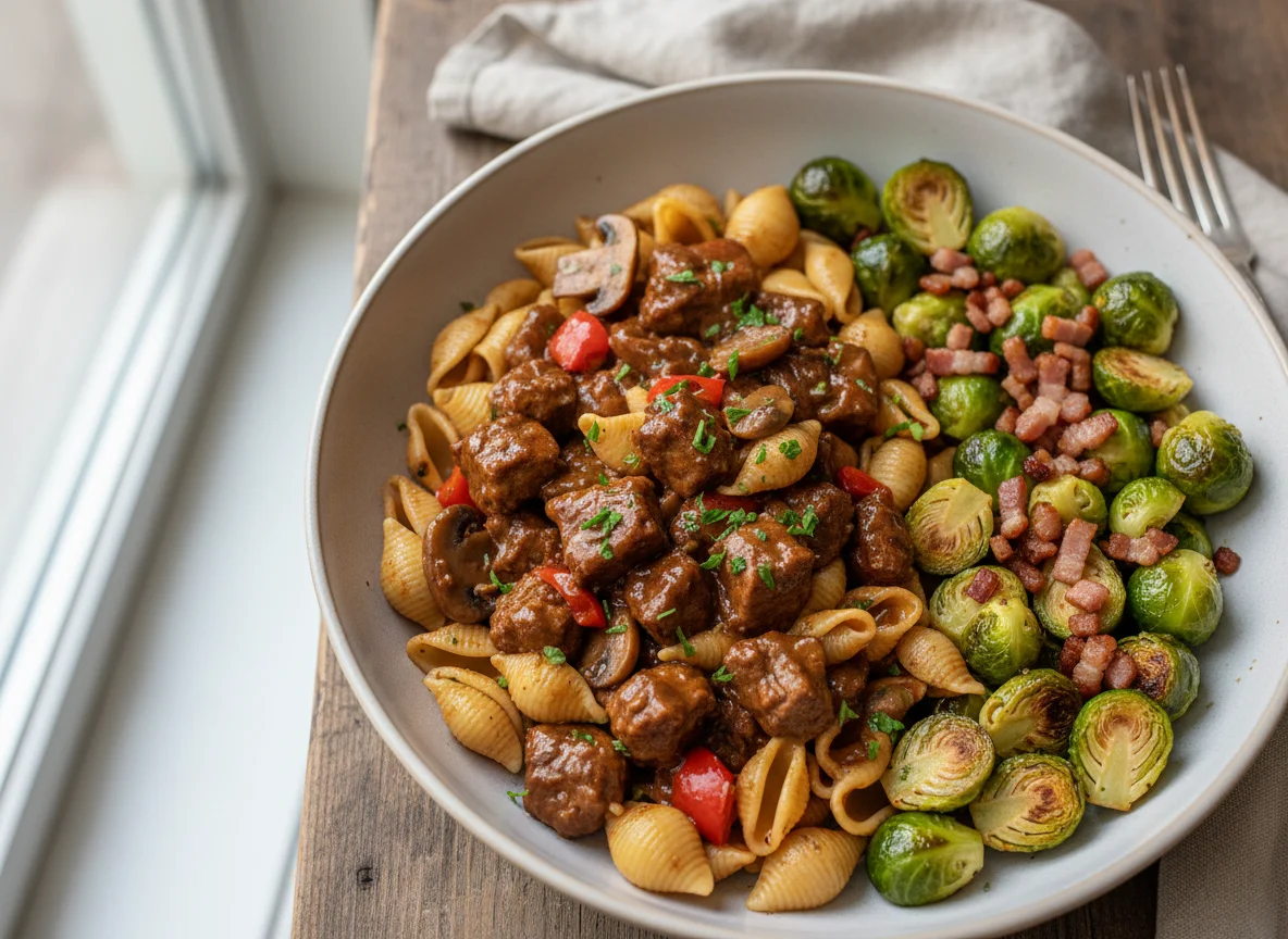 Nudeln mit Gulasch und Rosenkohl mit Speck photo