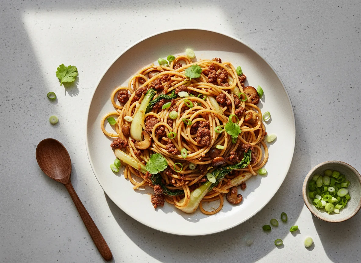 Nudeln mit Hackfleisch, Pilzen und Chinakohl photo
