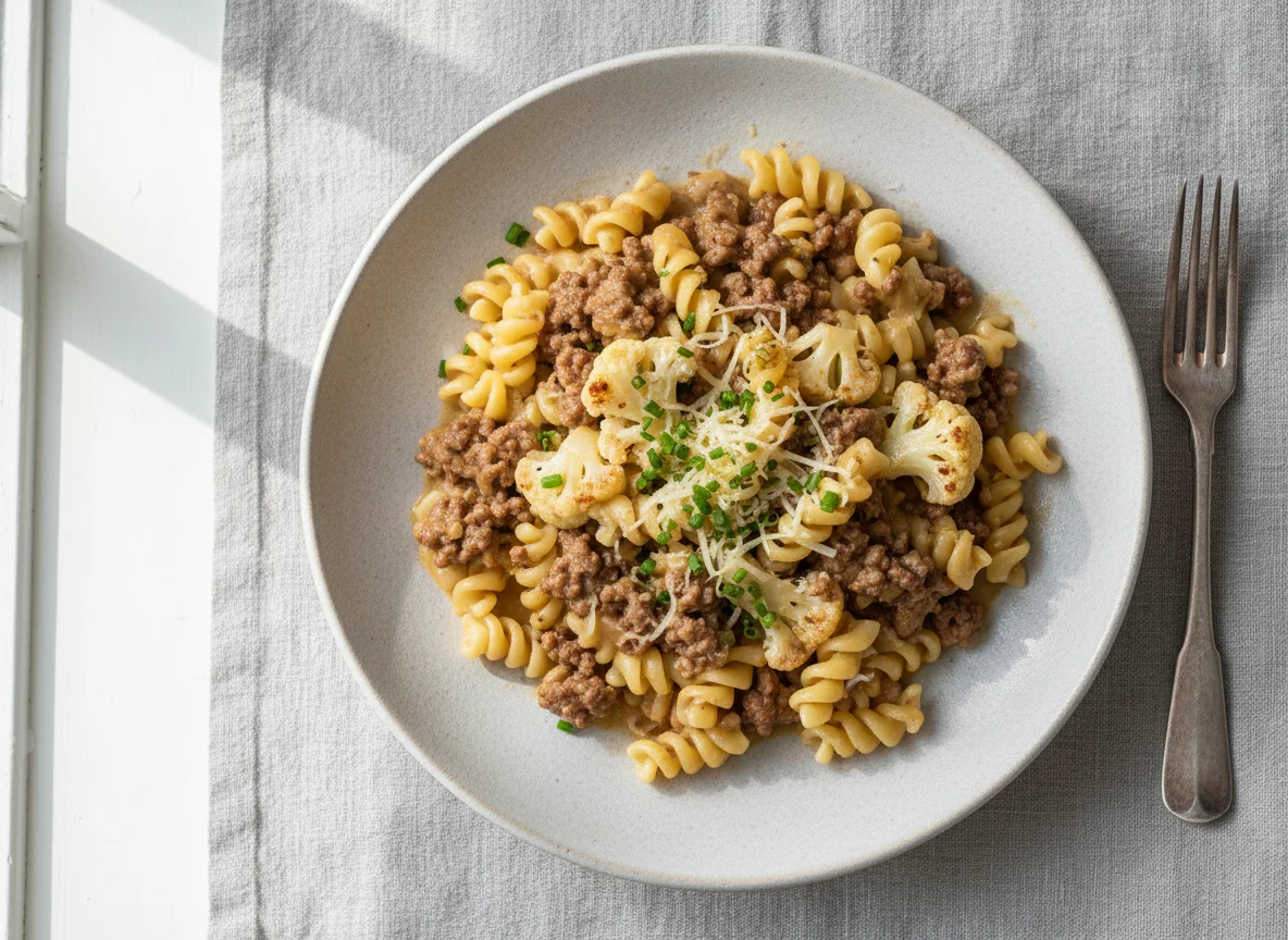 Nudeln mit Hackfleisch und Blumenkohl photo