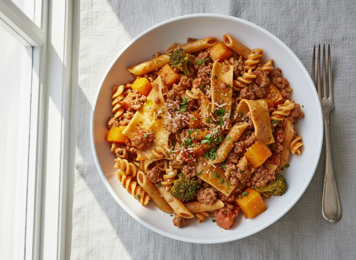 Nudeln mit Hackfleisch und Gemüse photo