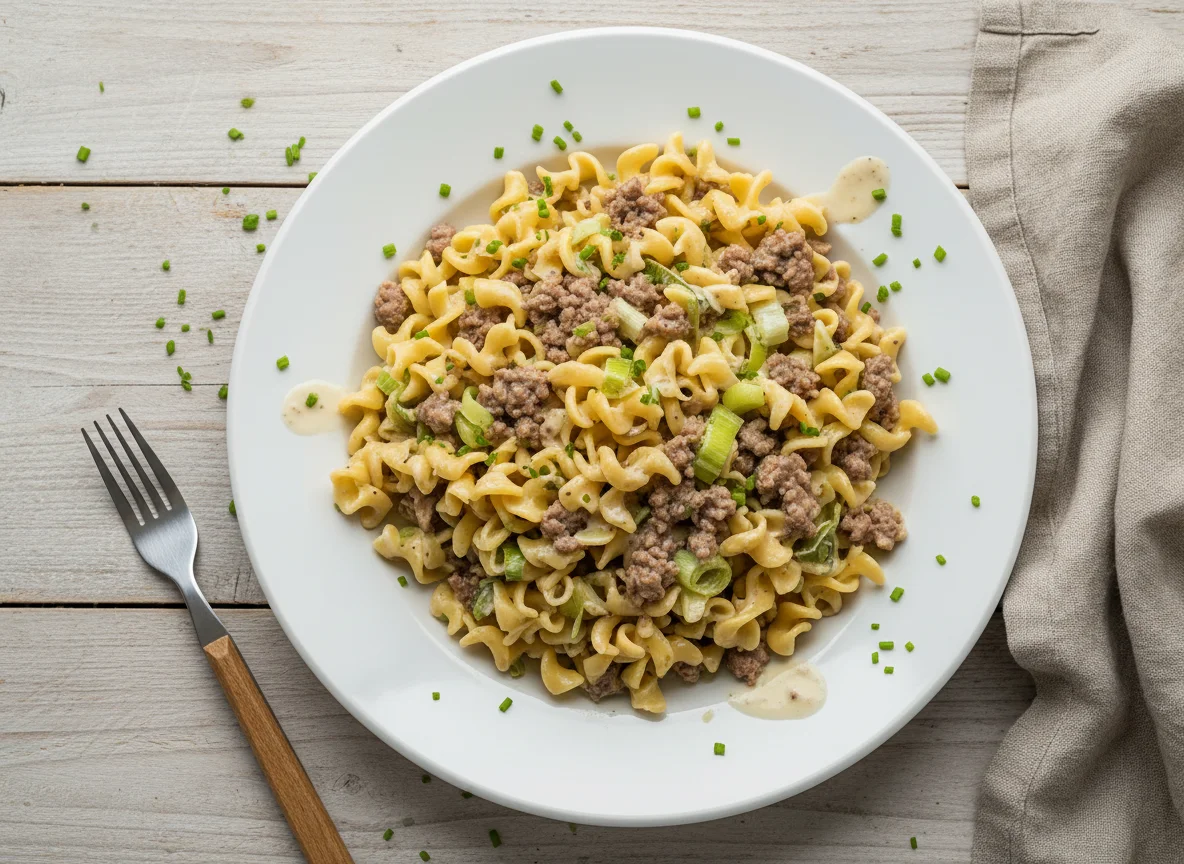 Nudeln mit Hackfleisch und Lauch photo