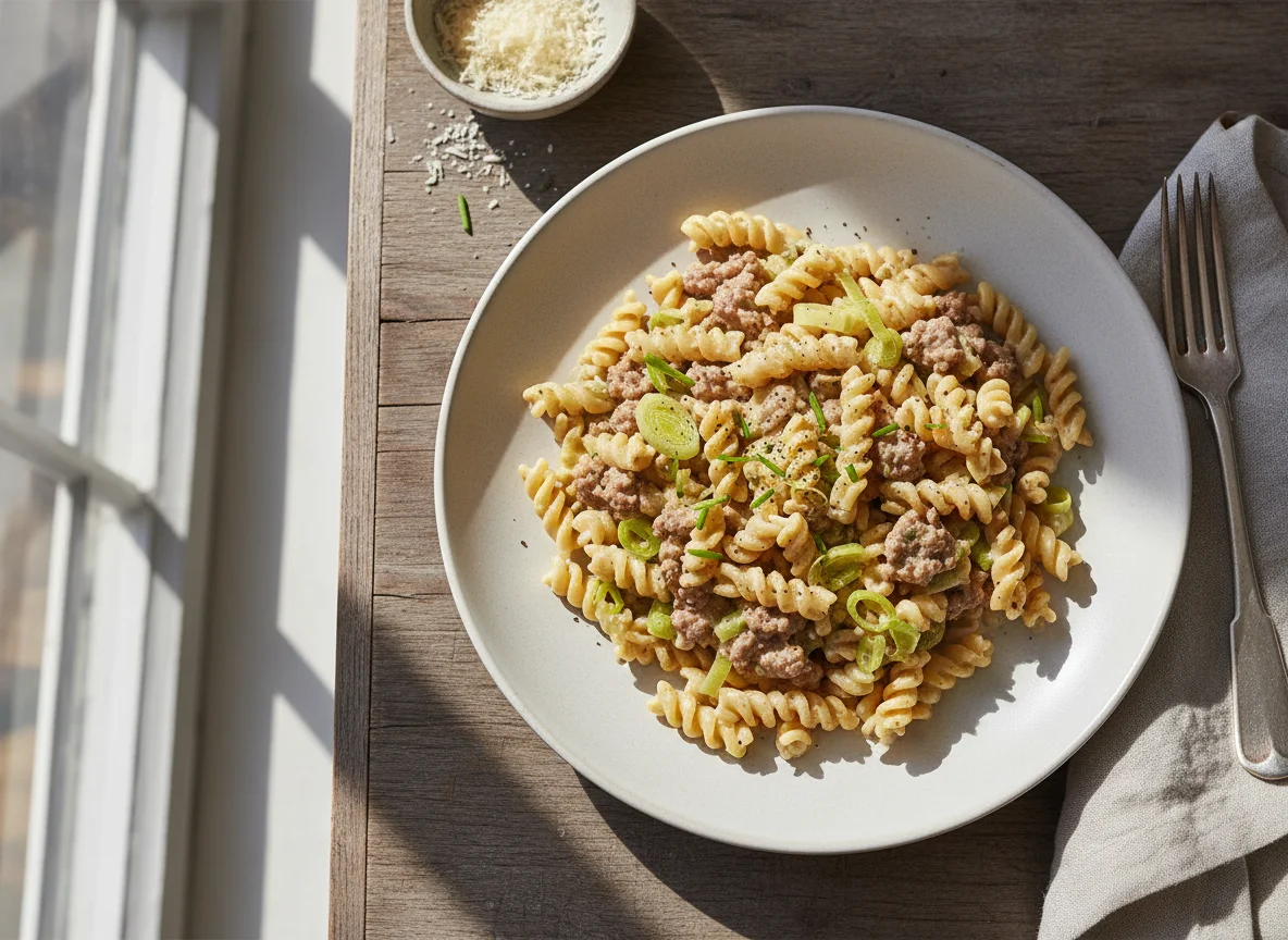 Nudeln mit Hackfleisch und Lauch in Sahnesauce photo