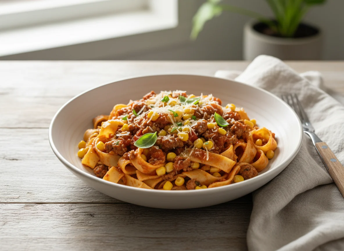 Nudeln mit Hackfleisch und Mais photo