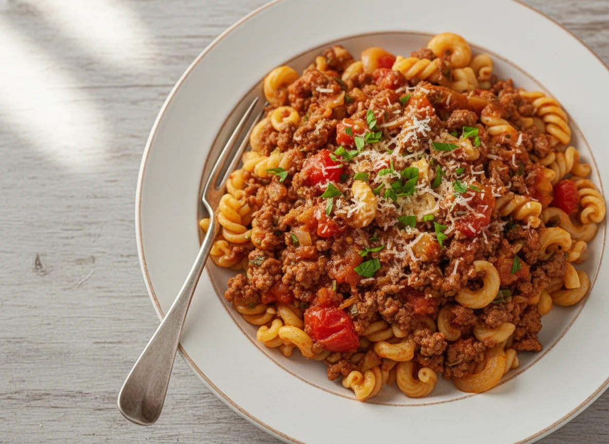 Nudeln mit Hackfleisch und Tomatensauce photo