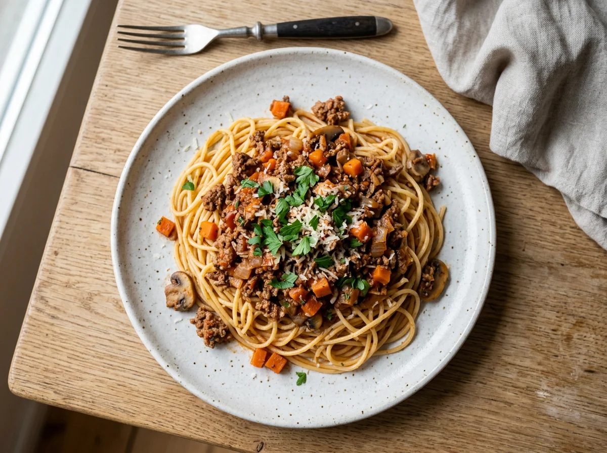 Nudeln mit Hackfleisch-Gemüse-Sauce photo