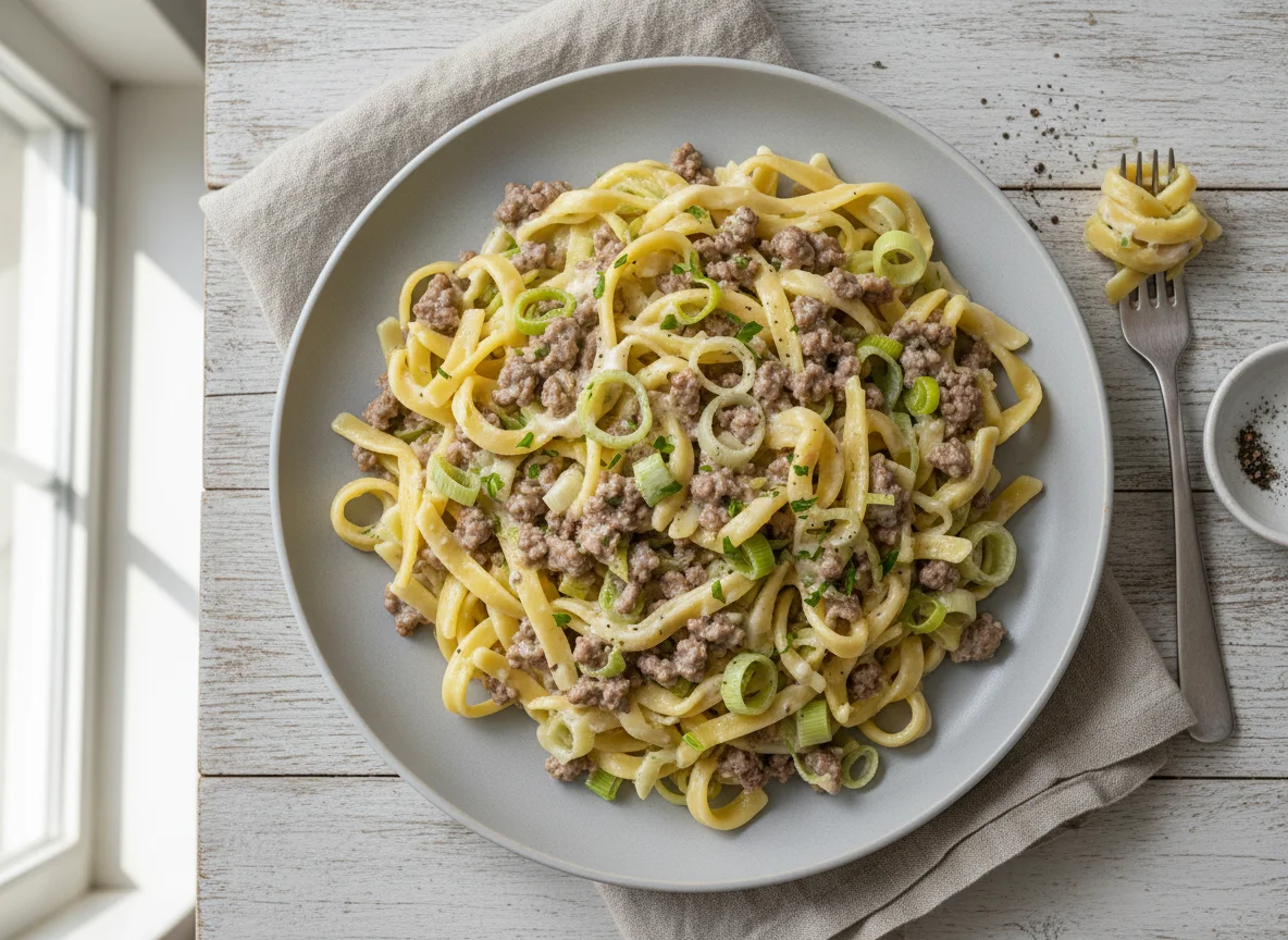 Nudeln mit Hackfleisch-Lauch-Sahnesauce photo