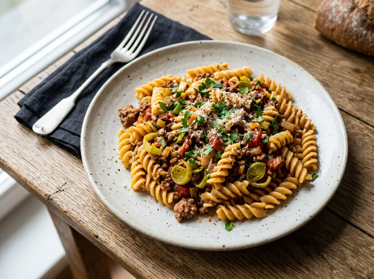 Nudeln mit Hackfleisch-Lauch-Soße photo