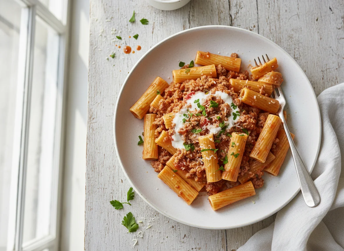 Nudeln mit Hackfleisch-Sahnesauce photo
