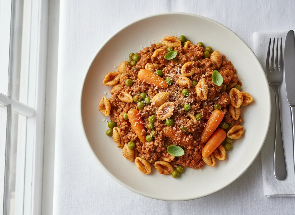 Nudeln mit Hackfleischsauce, Erbsen und Karotten photo
