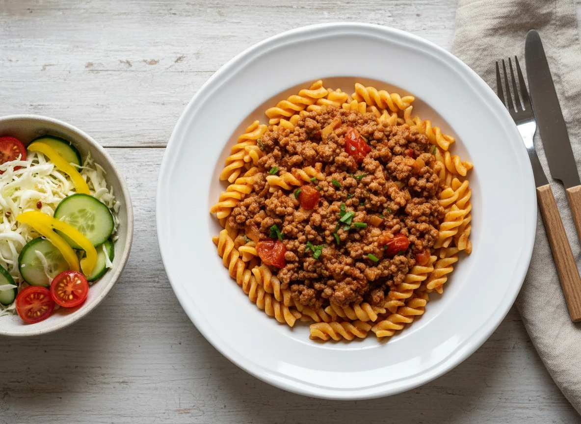 Nudeln mit Hackfleischsauce und Beilagensalat photo