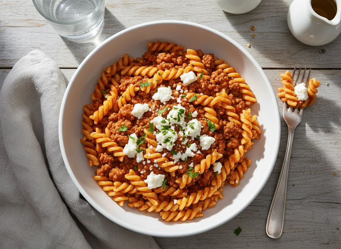 Nudeln mit Hackfleischsauce und Feta photo