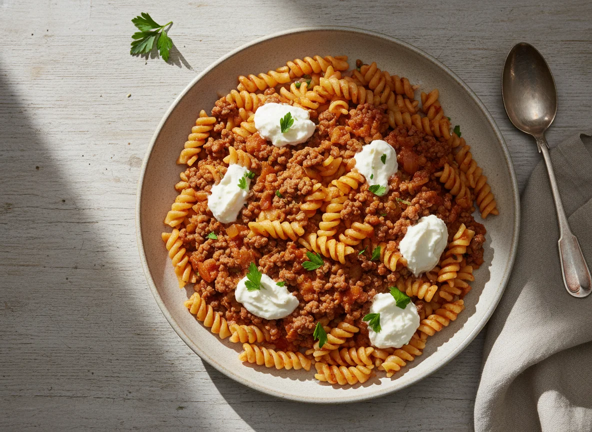 Nudeln mit Hackfleischsauce und Frischkäse photo