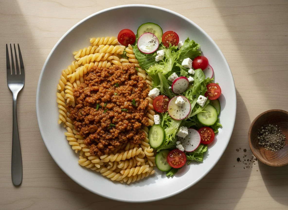 Nudeln mit Hackfleischsauce und gemischtem Salat photo