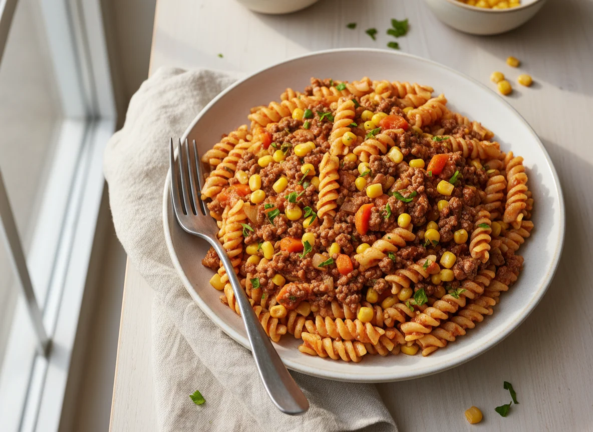 Nudeln mit Hackfleischsauce und Mais photo