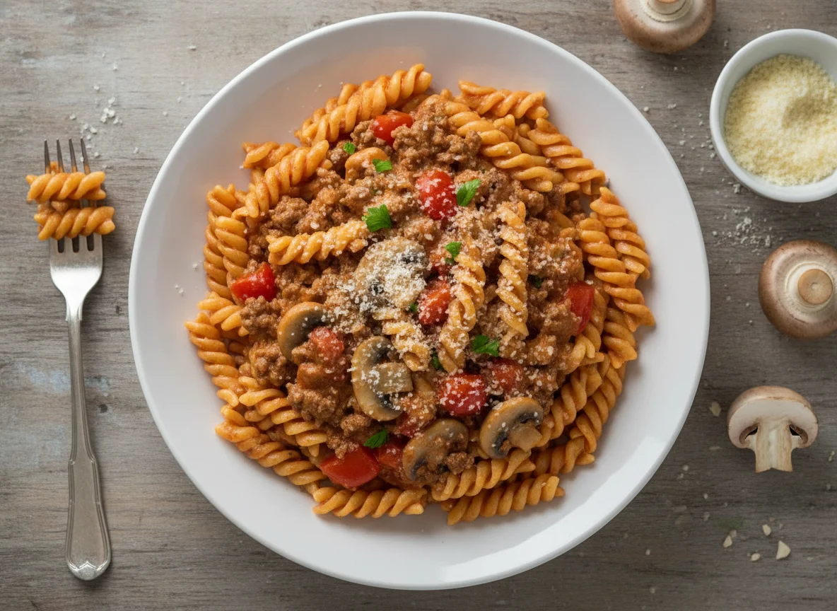 Nudeln mit Hackfleisch-Tomaten-Pilz-Sauce photo