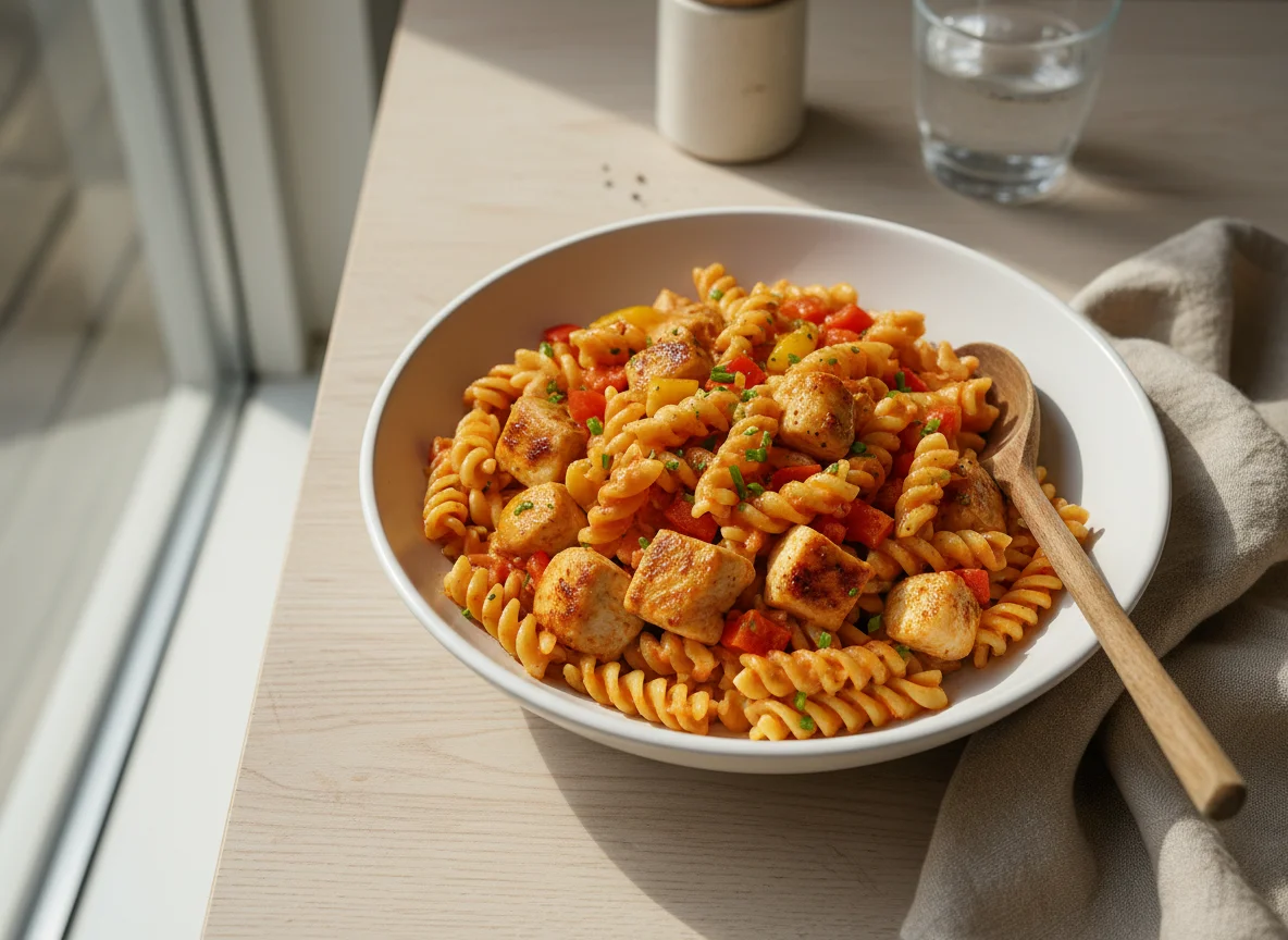Nudeln mit Hähnchen in Paprika-Sahne-Soße photo