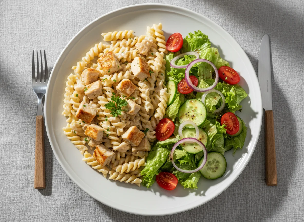 Nudeln mit Hähnchen in Sahnesauce und Salat photo