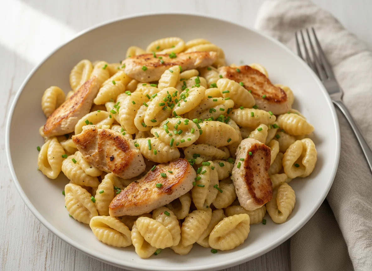 Nudeln mit Hähnchen und cremiger Sauce photo