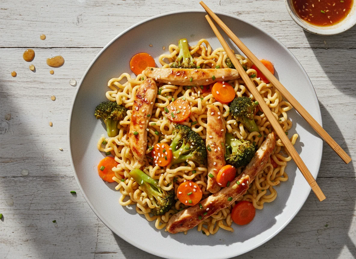 Nudeln mit Hähnchen und Gemüse photo