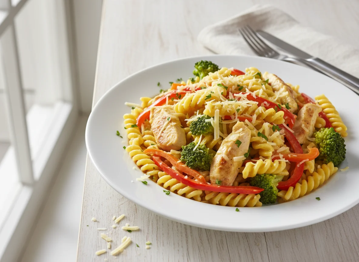 Nudeln mit Hähnchen und Gemüse in Käsesauce photo