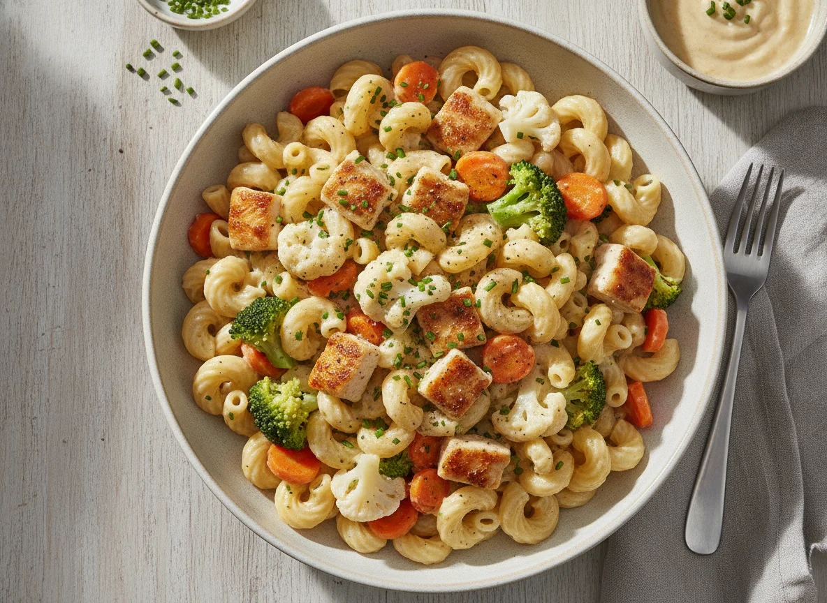 Nudeln mit Hähnchen und Gemüse in Rahmsauce photo