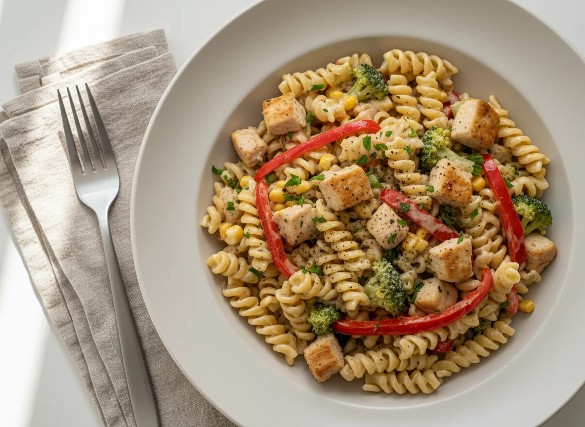 Nudeln mit Hähnchen und Gemüse in Sahnesauce photo