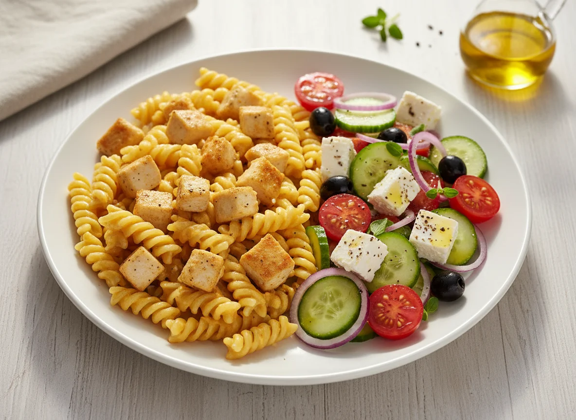 Nudeln mit Hähnchen und griechischem Salat photo