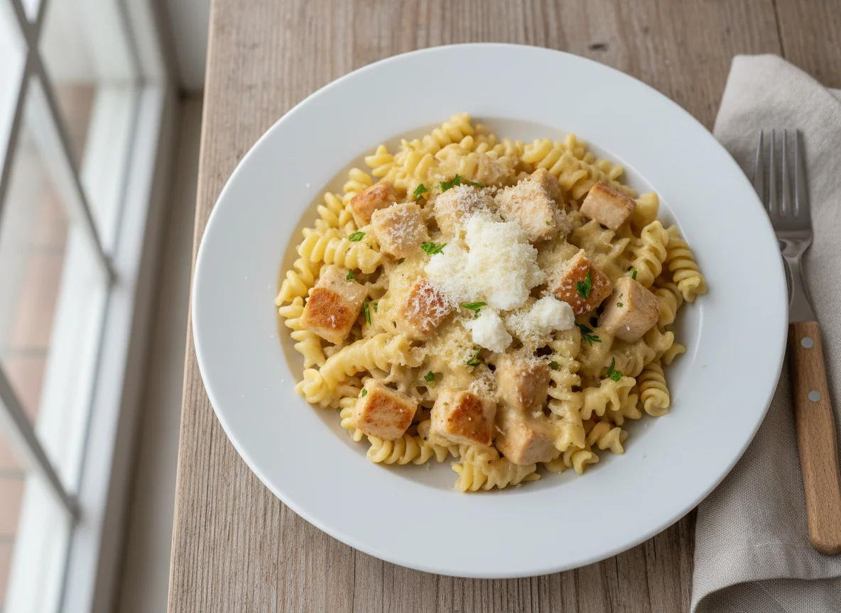 Nudeln mit Hähnchen und Käsesauce photo