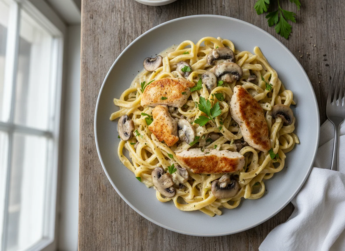 Nudeln mit Hähnchen und Pilzen photo