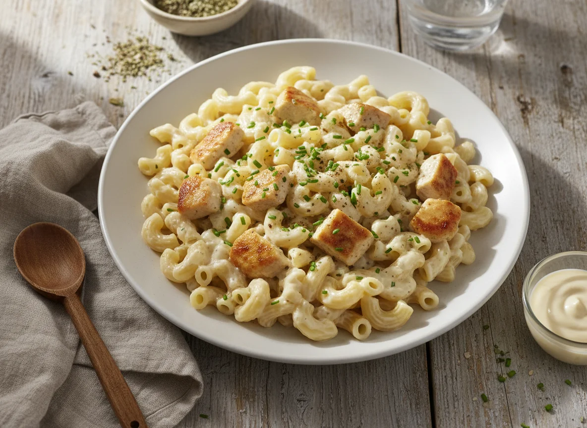 Nudeln mit Hähnchen und Sahnesauce photo