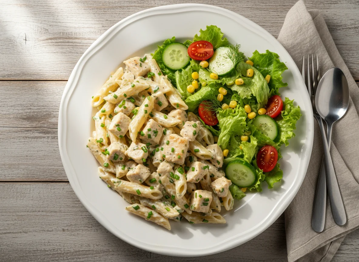 Nudeln mit Hähnchen und Salat photo