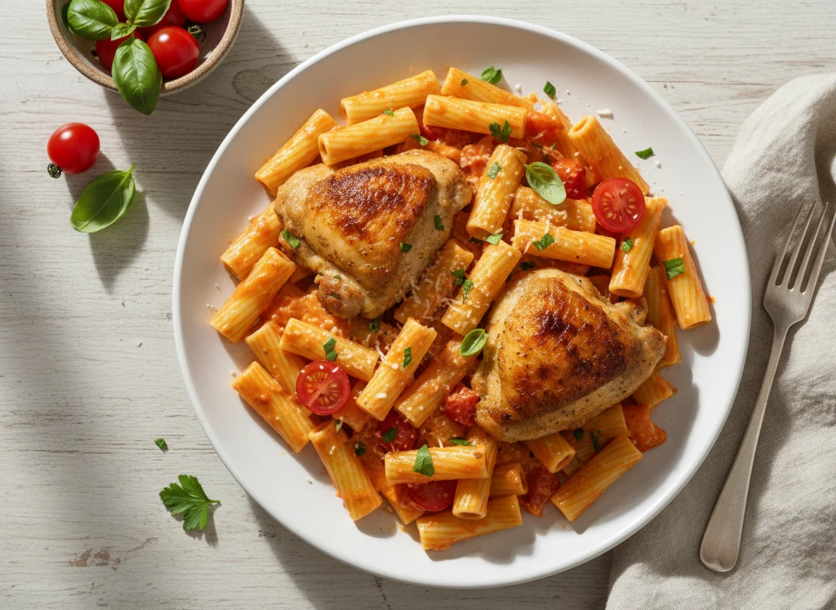 Nudeln mit Hähnchen und Tomaten-Sahne-Sauce photo