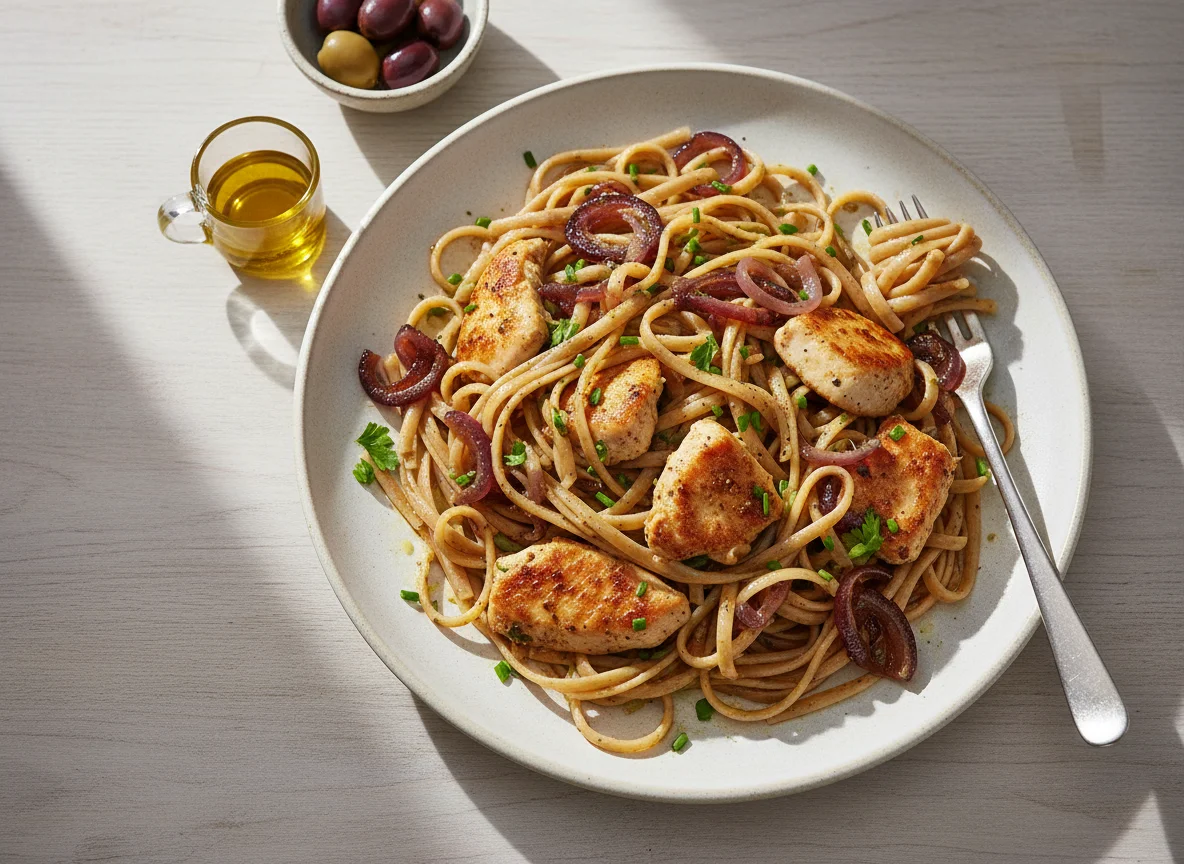 Nudeln mit Hähnchen und Zwiebeln photo