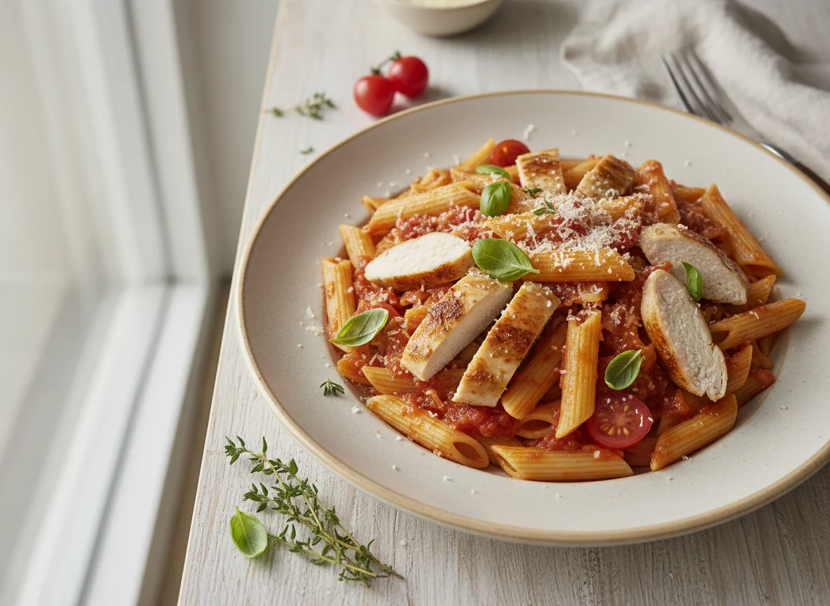 Nudeln mit Hähnchenbrust und Tomatensauce photo