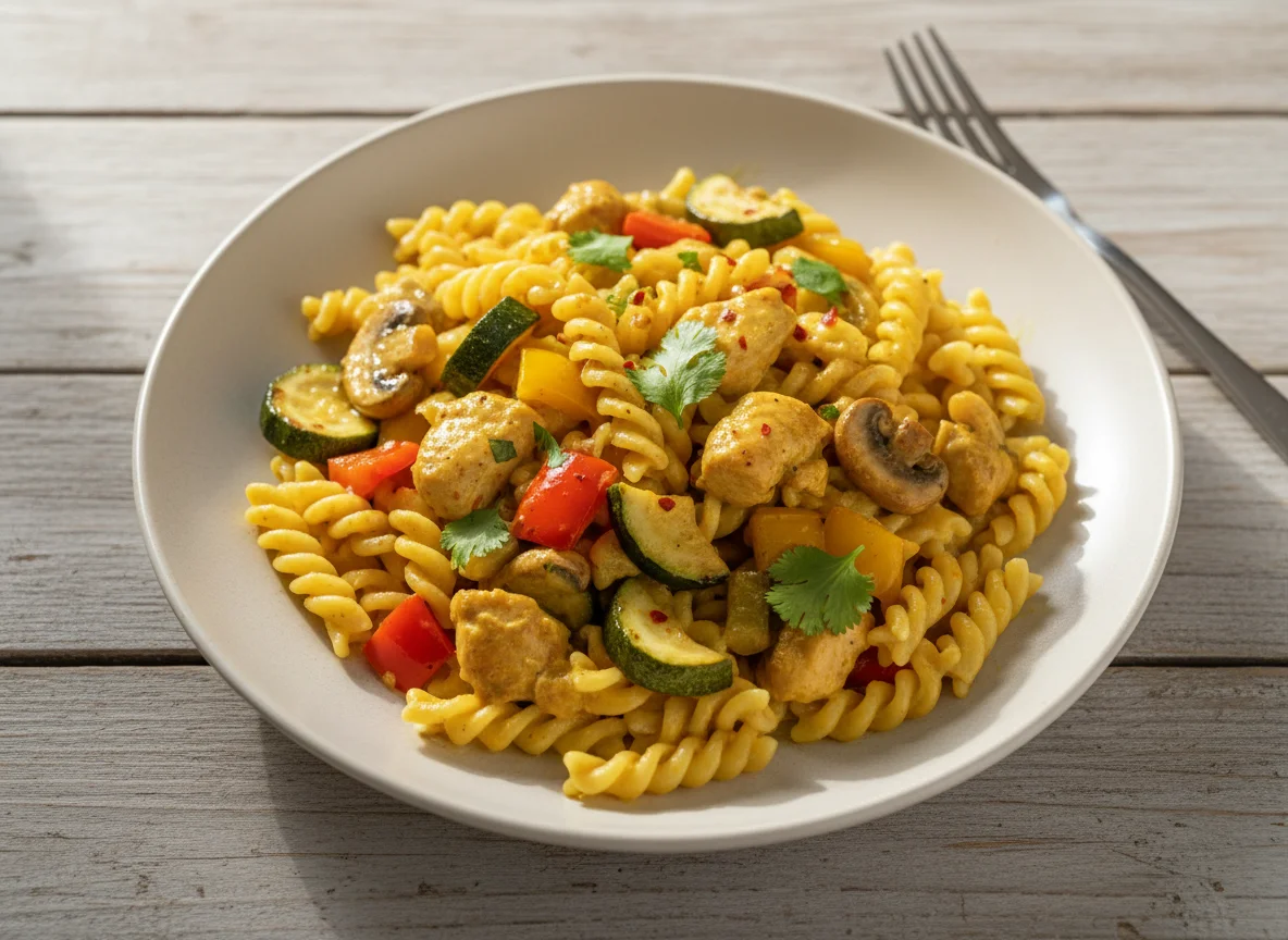 Nudeln mit Hähnchen-Curry-Sauce und gebratenem Gemüse photo