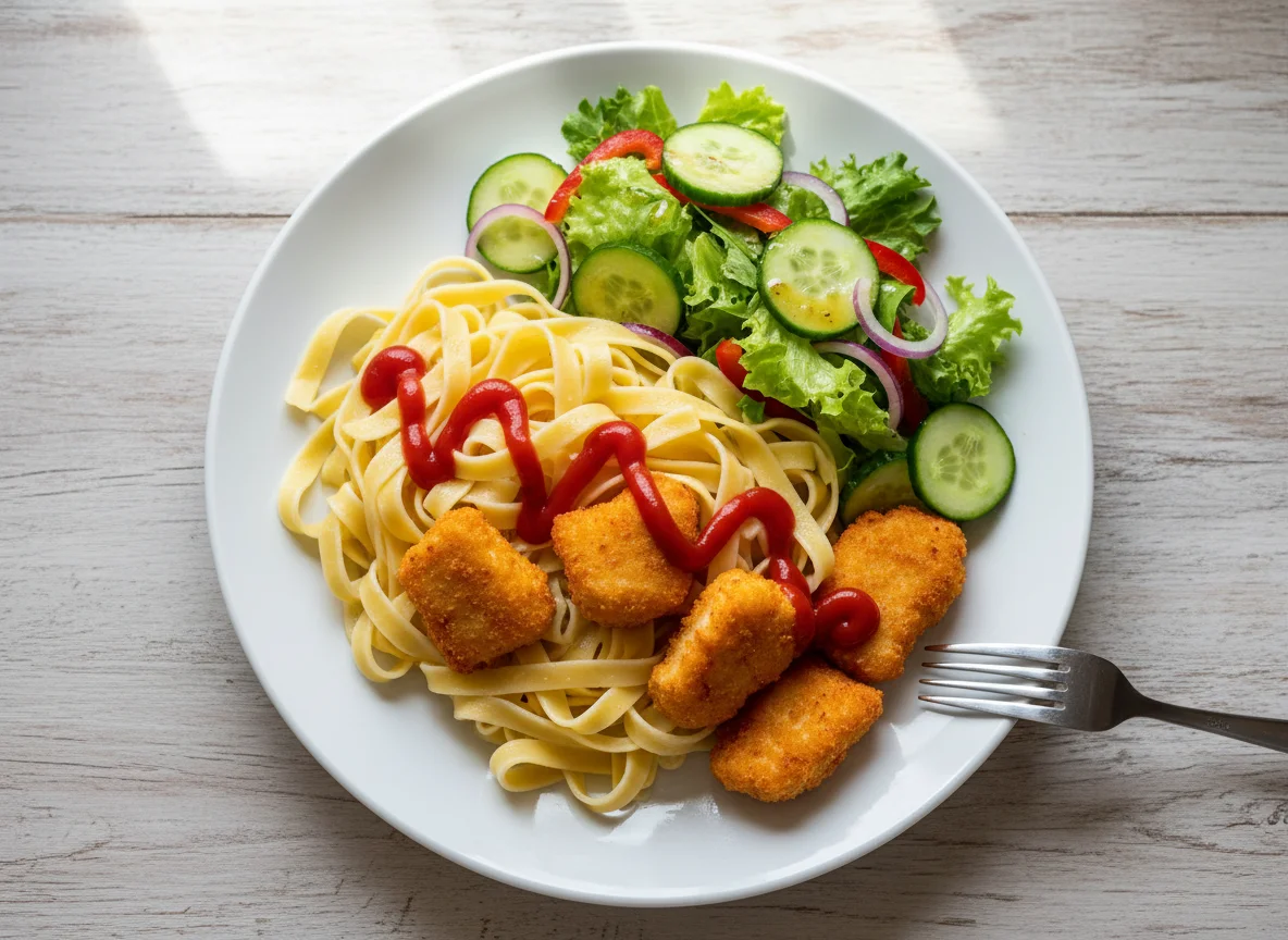 Nudeln mit Hähnchen-Nuggets und Salat photo