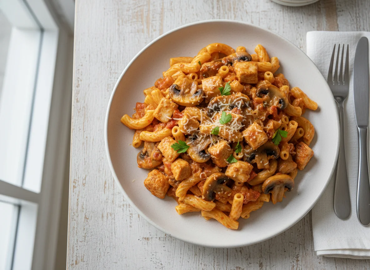 Nudeln mit Hähnchen-Pilz-Sahnesauce photo