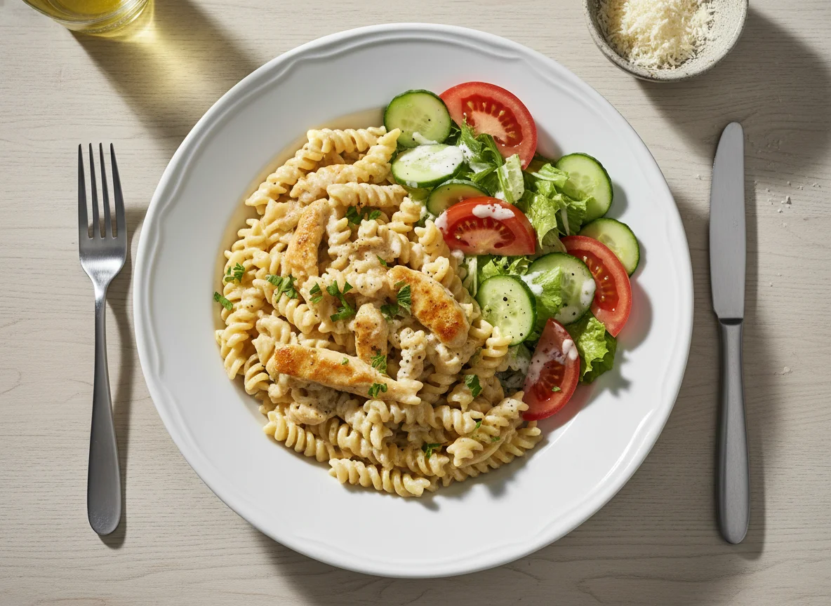 Nudeln mit Hähnchen-Sahnesauce und Beilagensalat photo