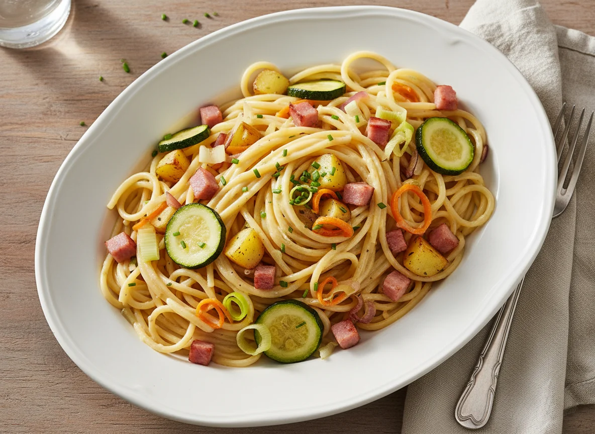 Nudeln mit Hollandaise und Gemüse-Schinken-Mischung photo