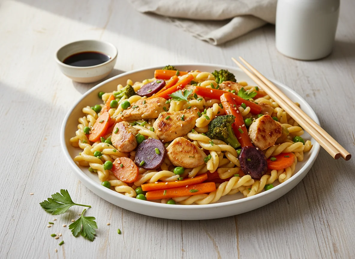 Nudeln mit Huhn und Gemüse photo