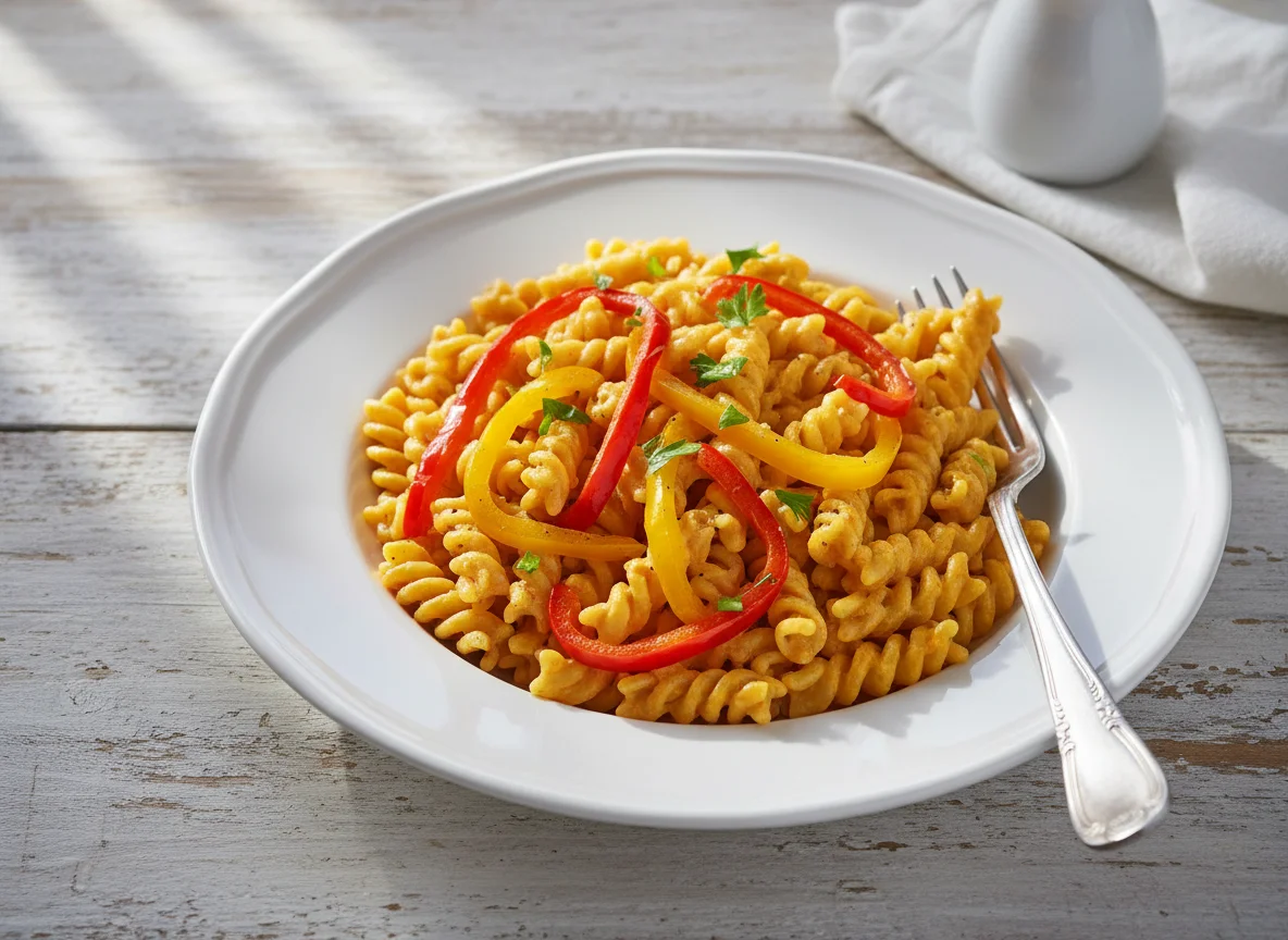 Nudeln mit Käsesauce und Paprika photo