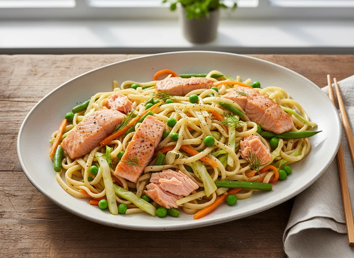 Nudeln mit Lachs und Gemüse photo