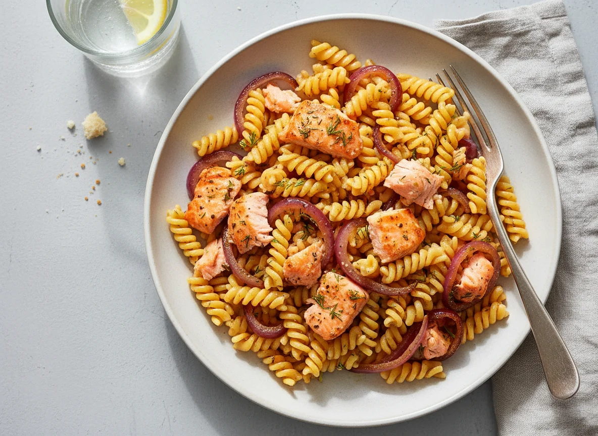 Nudeln mit Lachs und Zwiebeln photo