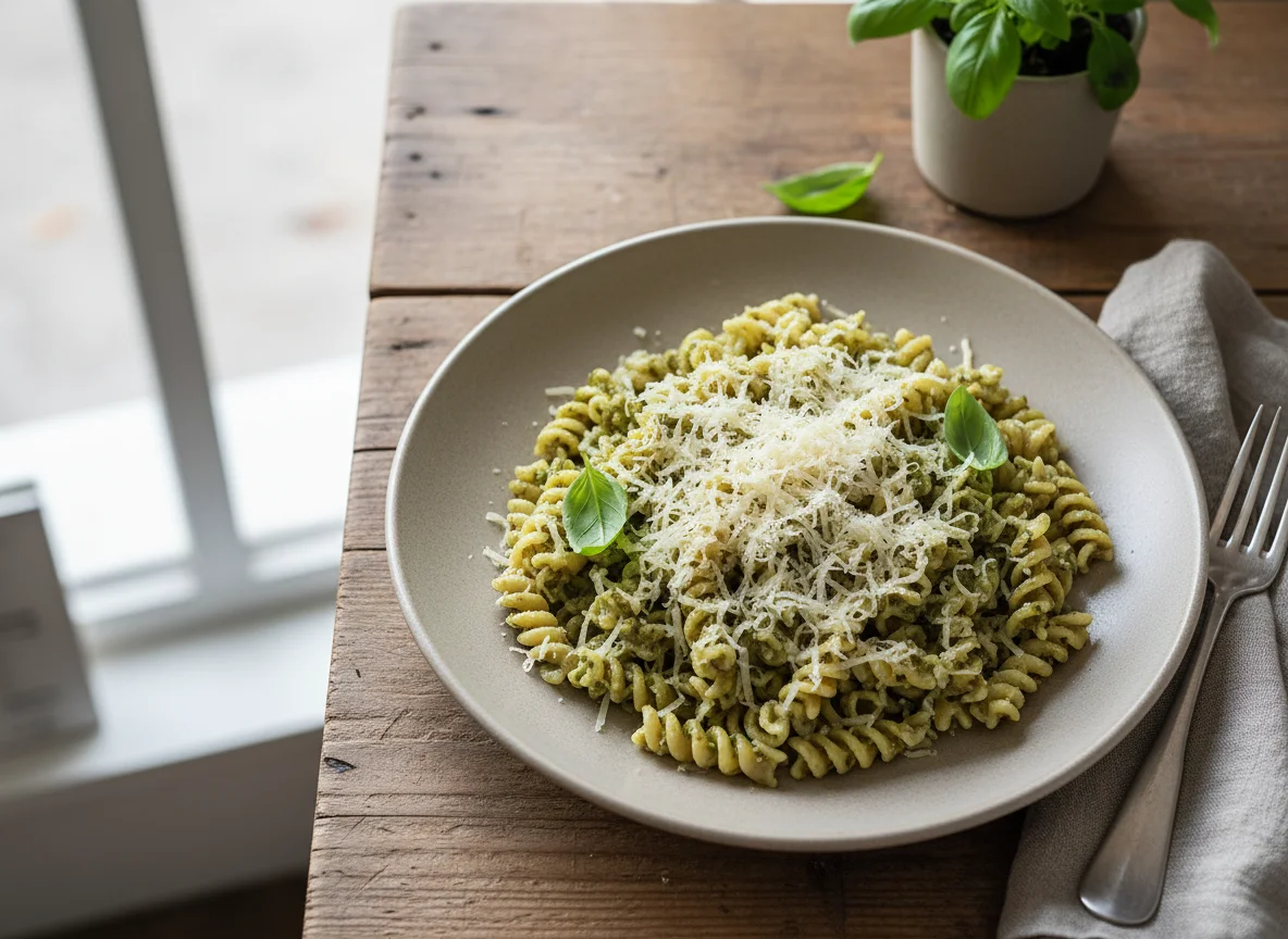 Nudeln mit Pesto und Käse photo