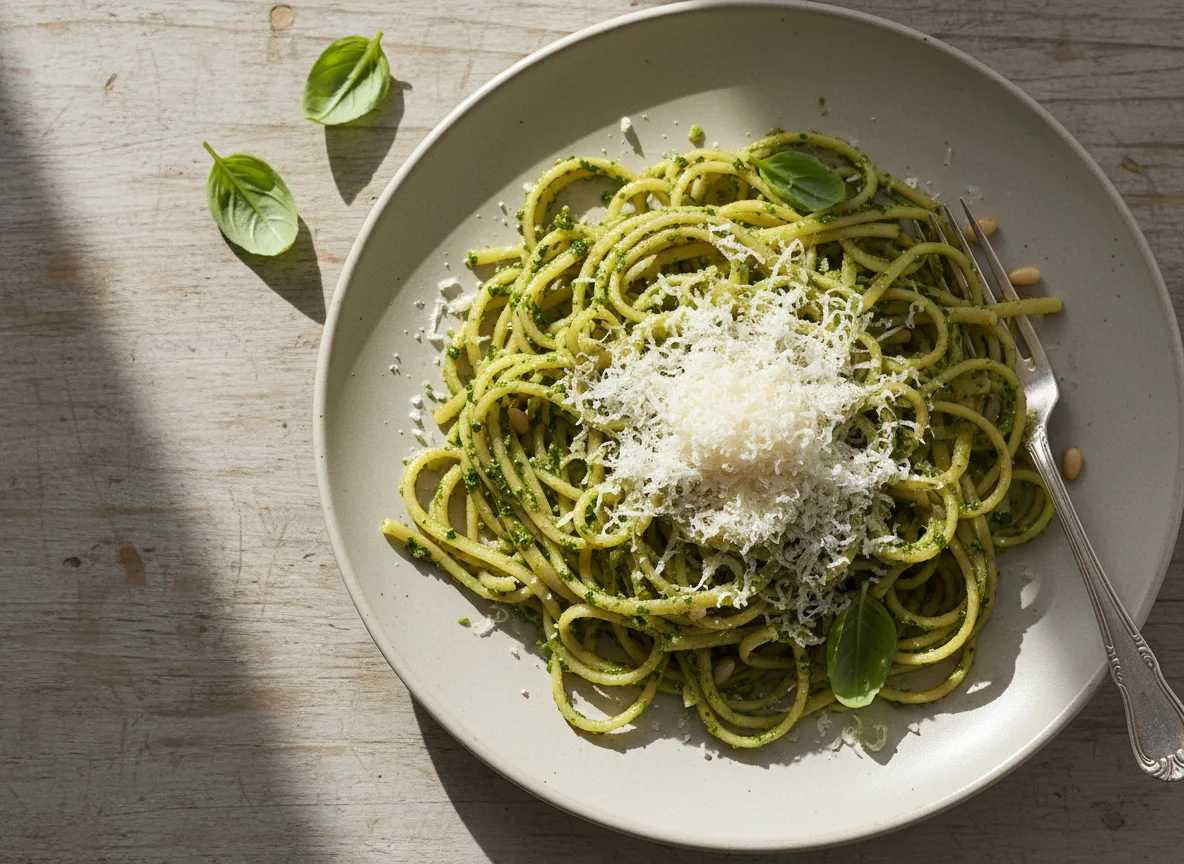 Nudeln mit Pesto und Parmesan photo