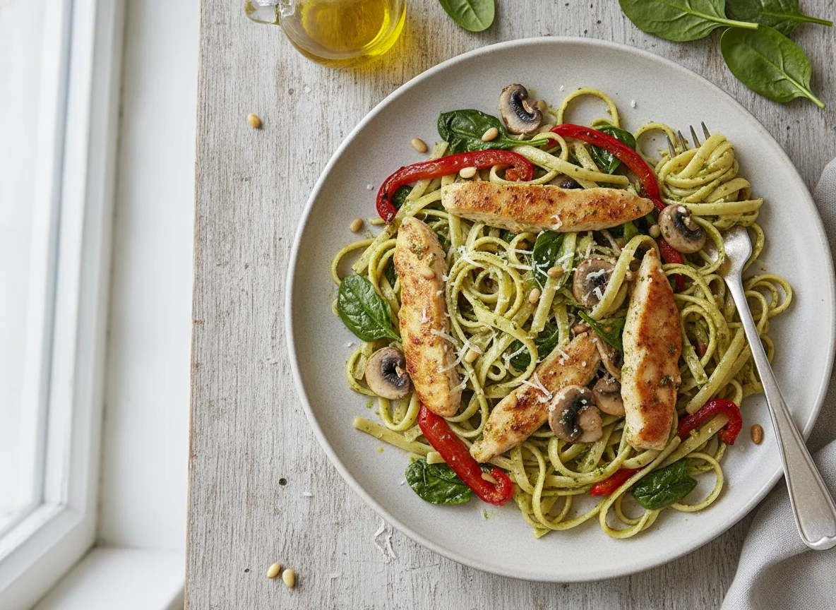 Nudeln mit Pilzen, Paprika und Hähnchen photo