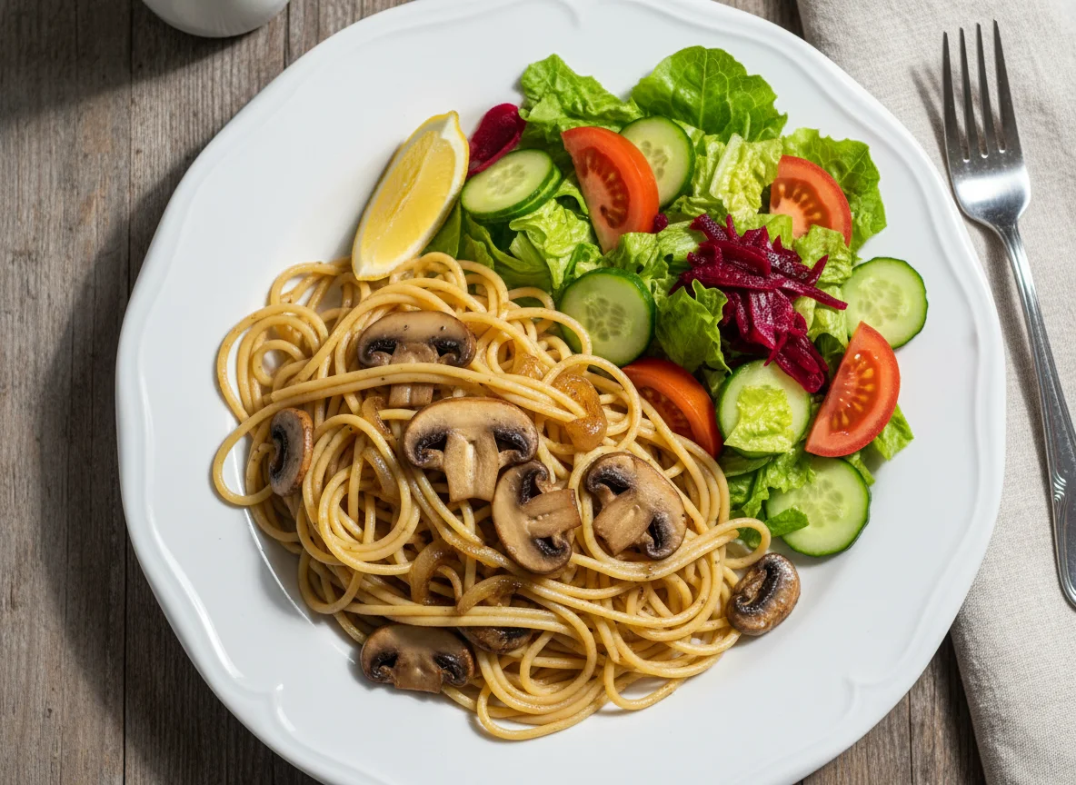 Nudeln mit Pilzen und Salat photo