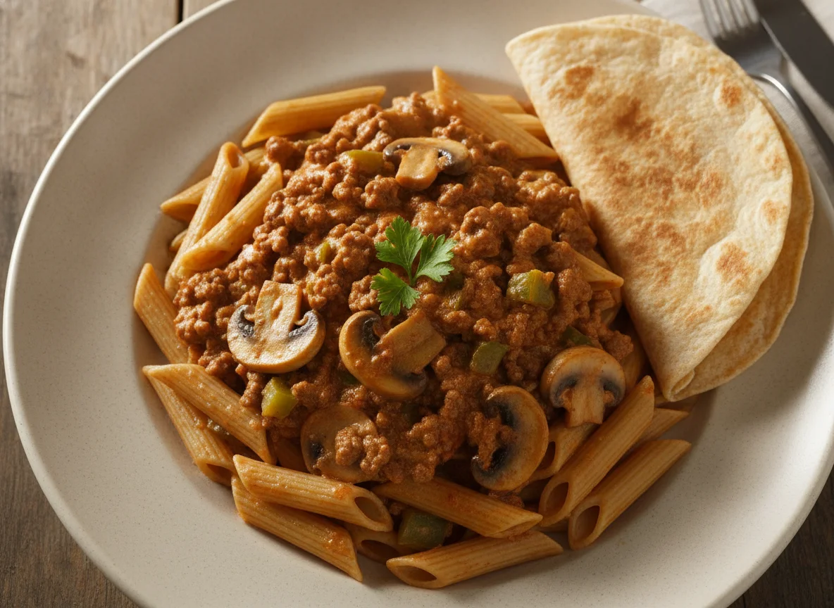 Nudeln mit Pilz-Fleisch-Sauce und Tortilla photo