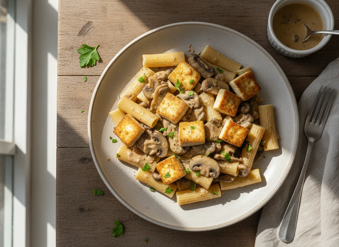 Nudeln mit Pilzsoße und Tofu photo