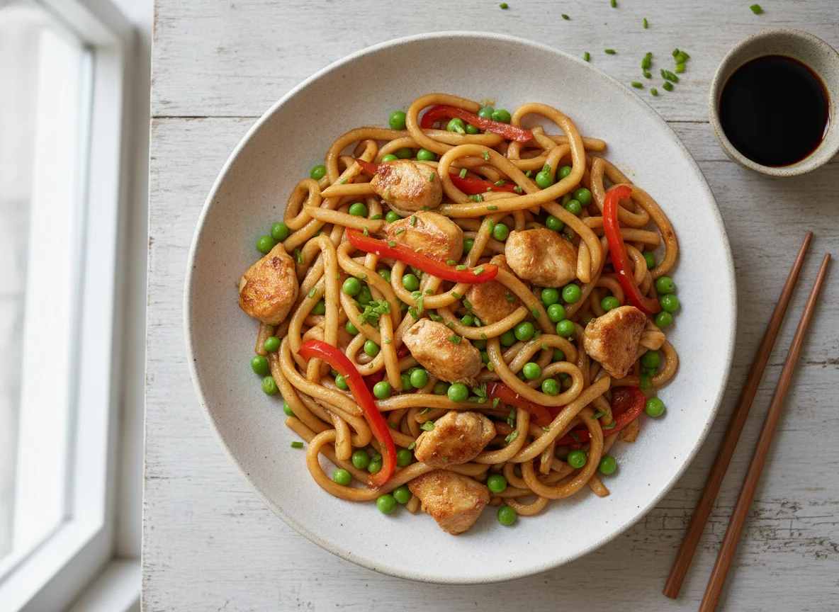 Nudeln mit Poulet und Erbsen photo